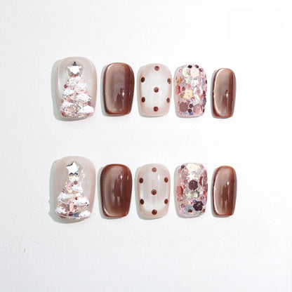 Cat-eye Dot Christmas Nail with Diamond - Short Coffin