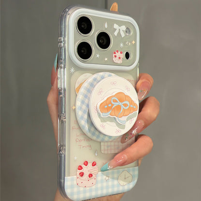Blue Plaid Bow Strawberry Cake Magnetic Stand Acrylic Phone Case