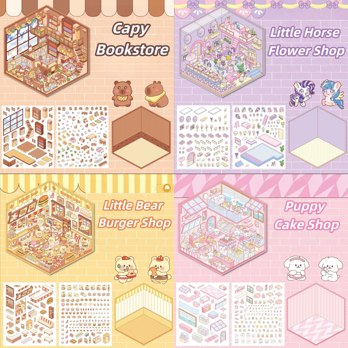 Paw's Shop 3D Sticker | 4 Cute Miniature Scenes