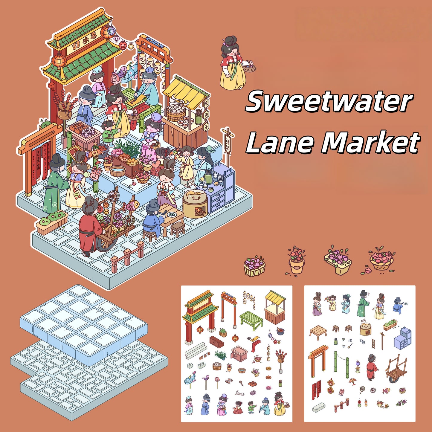 Eastern Marketplace 3D Sticker | 3 Cute Miniature Scenes
