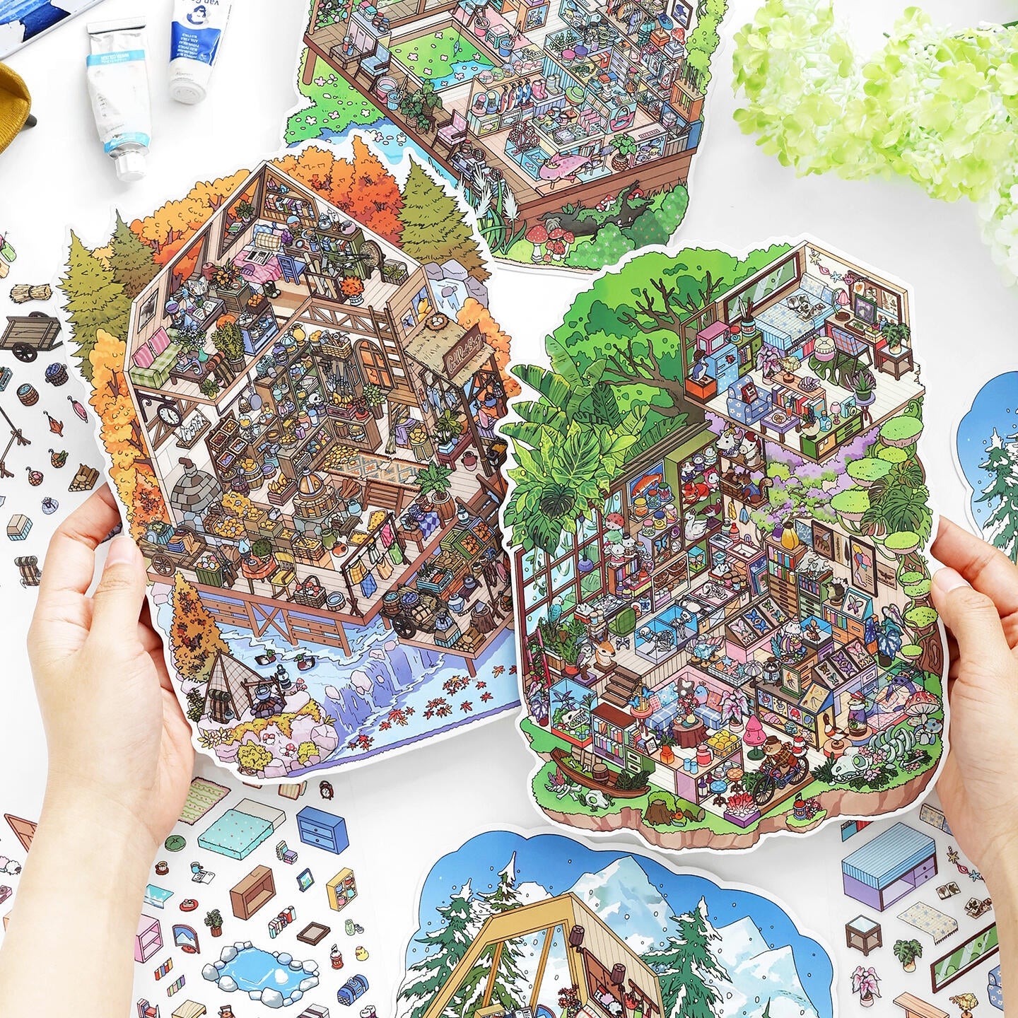 Four Seasons Retreat 3D Sticker | 4 Cute Miniature Scenes