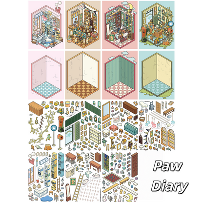 Paw Diary 3D Sticker | 4 Cute Miniature Scenes