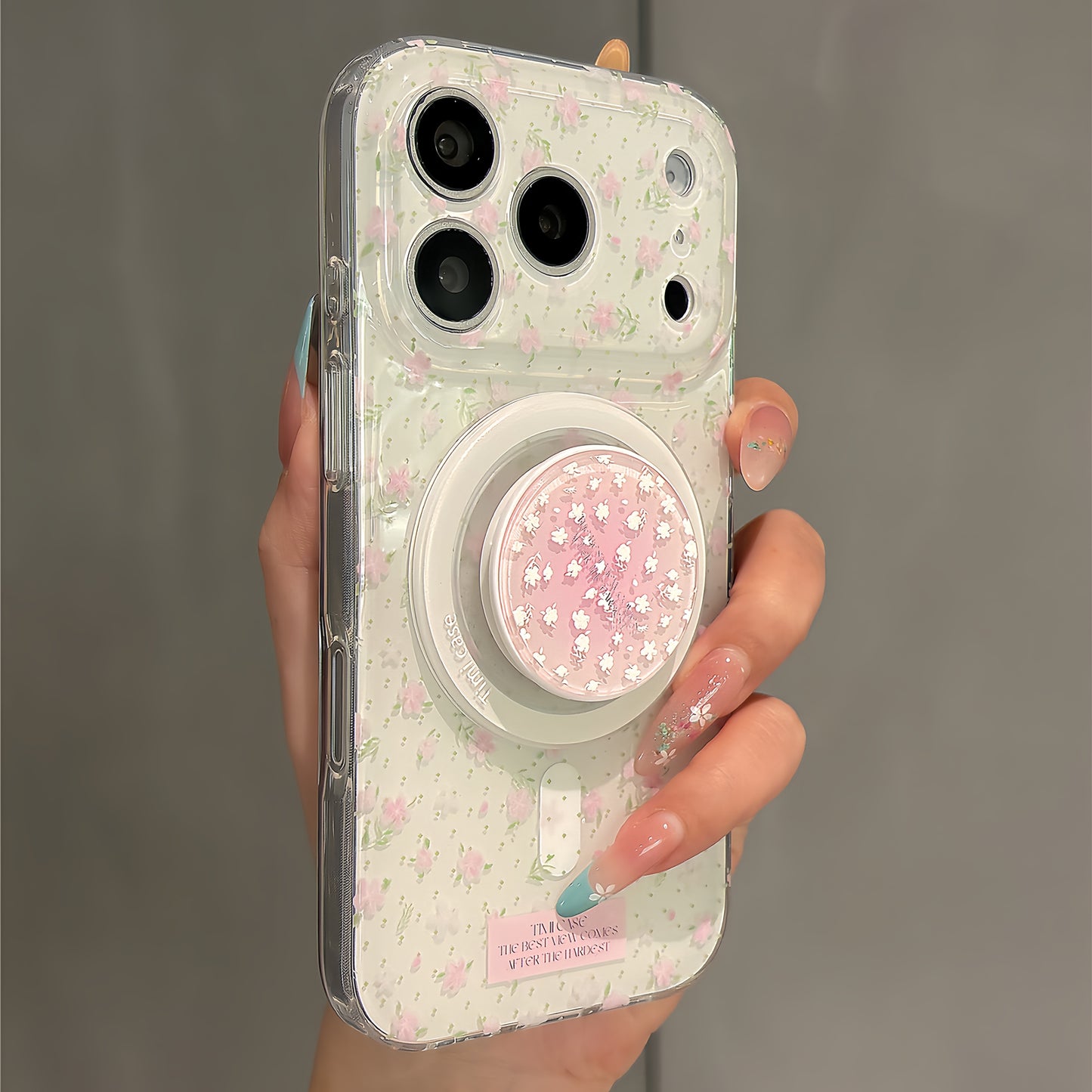 Green Leaves Pink Flowers Magnetic Stand Acrylic Phone Case