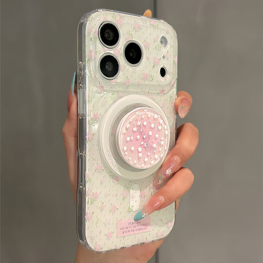 Green Leaves Pink Flowers Magnetic Stand Acrylic Phone Case