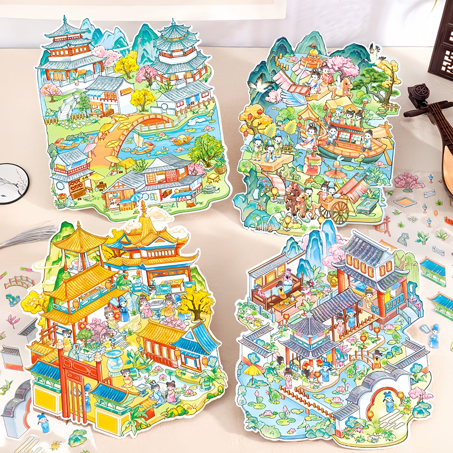 Traditional Famous Paintings 3D Sticker | 4 Cute Miniature Scenes