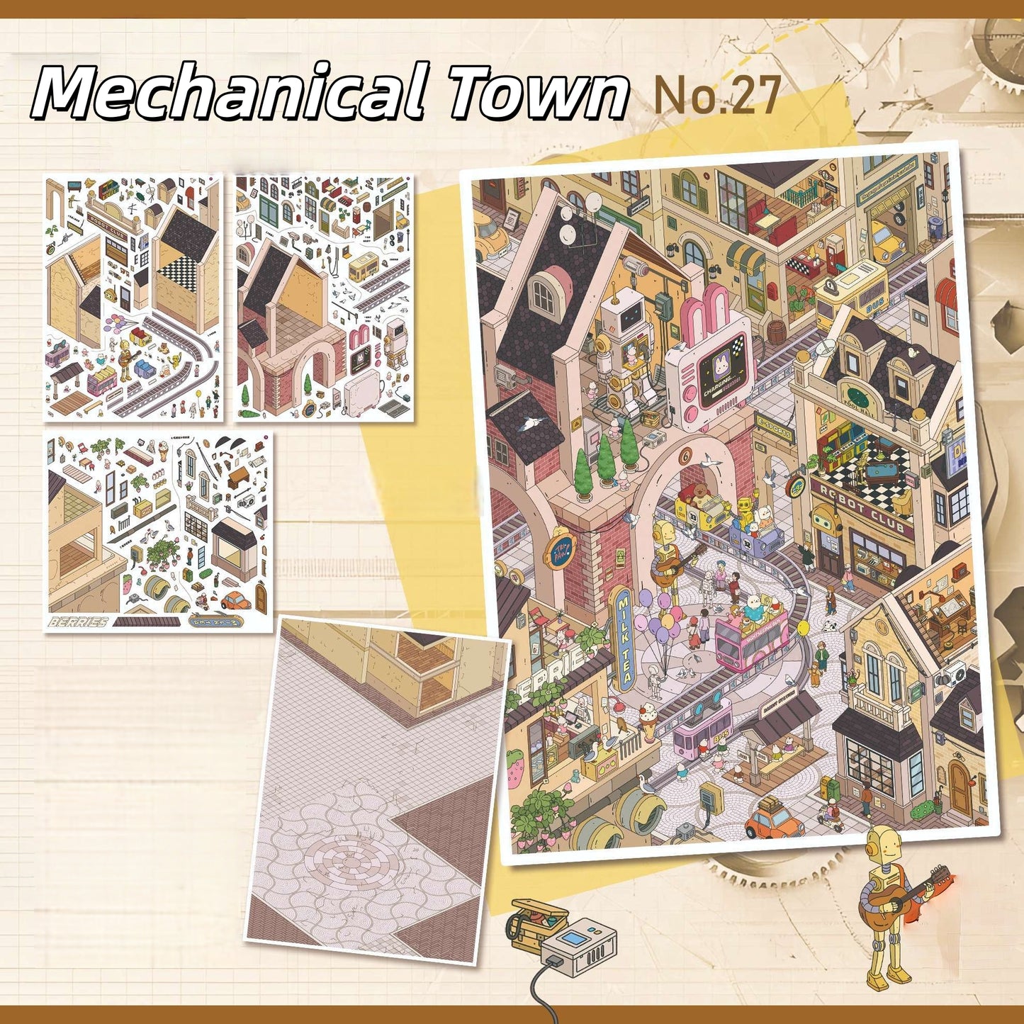 Four Towns 3D Sticker | 4 Cute Miniature Scenes