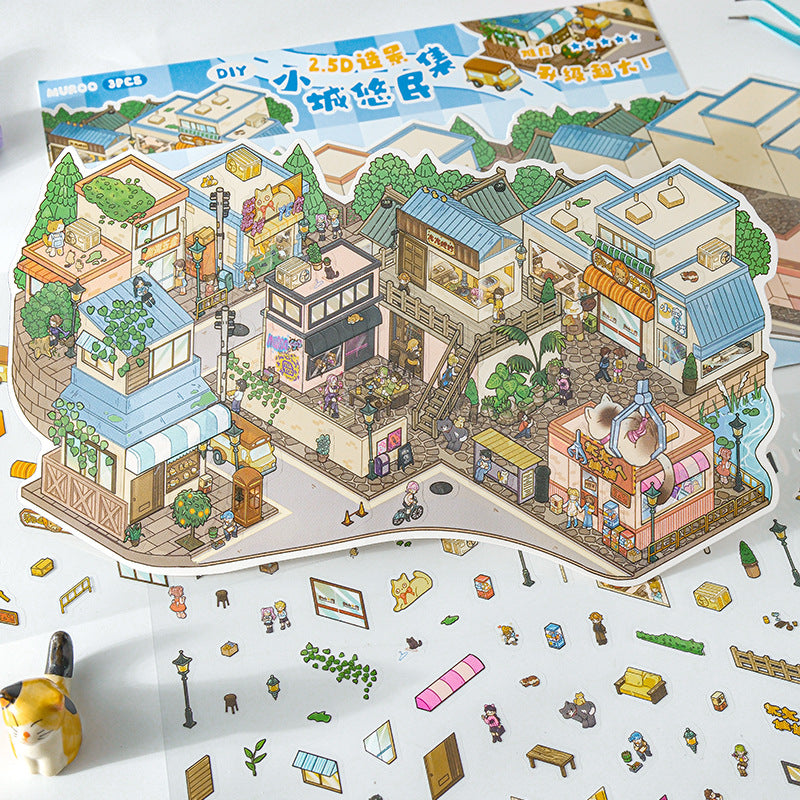 Tiny Cozy Town 3D Sticker | 4 Cute Miniature Scenes