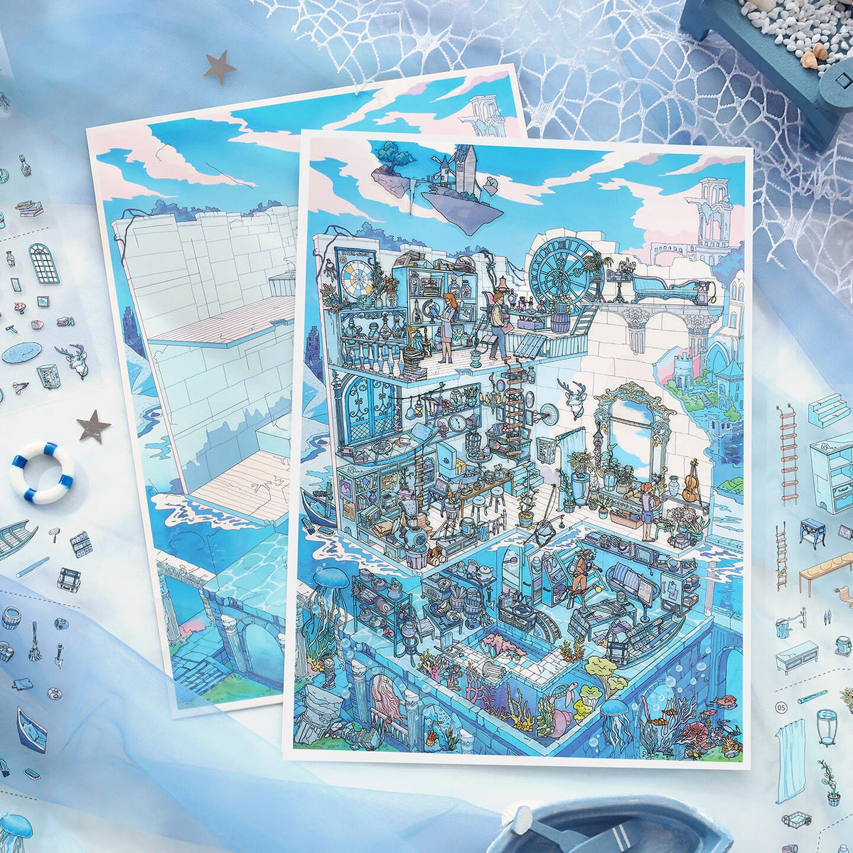 Between Sky and Sea 3D Sticker | 2 Cute Miniature Scenes