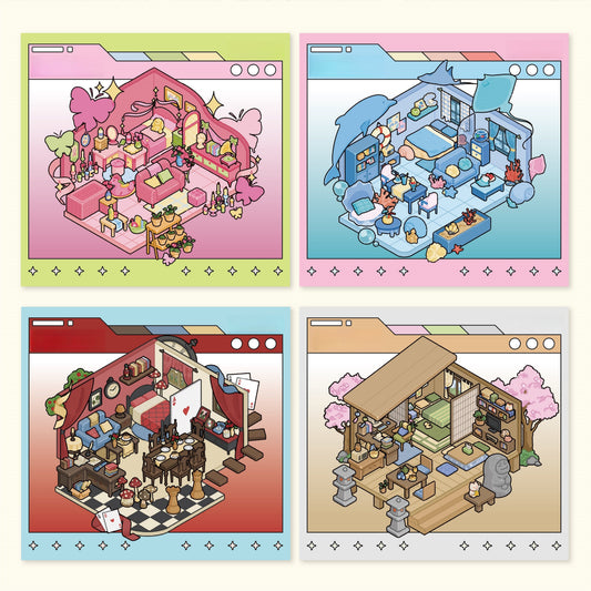 Four Color Cottage 3D Sticker | 4 Cute Miniature Scenes