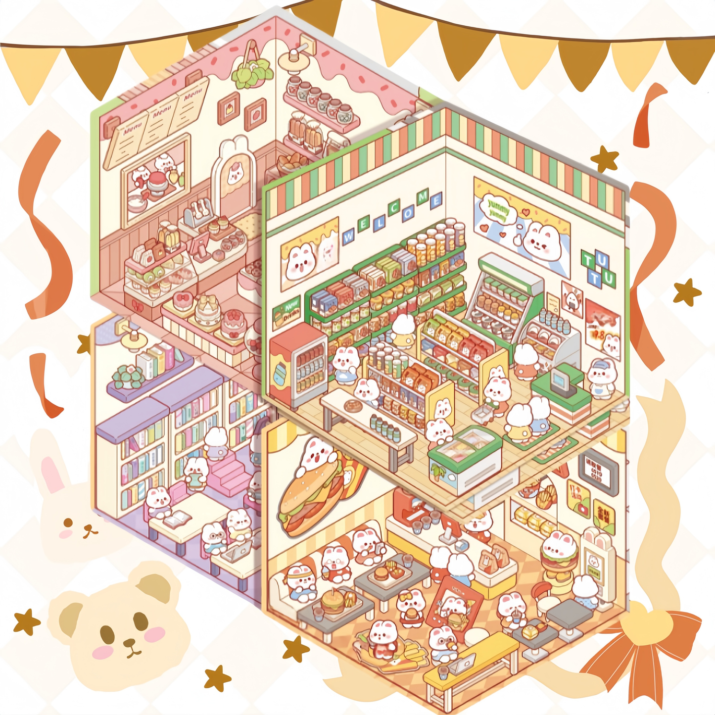 Bunny’s Dreamy Village 3D Sticker | 4 Cute Miniature Scenes