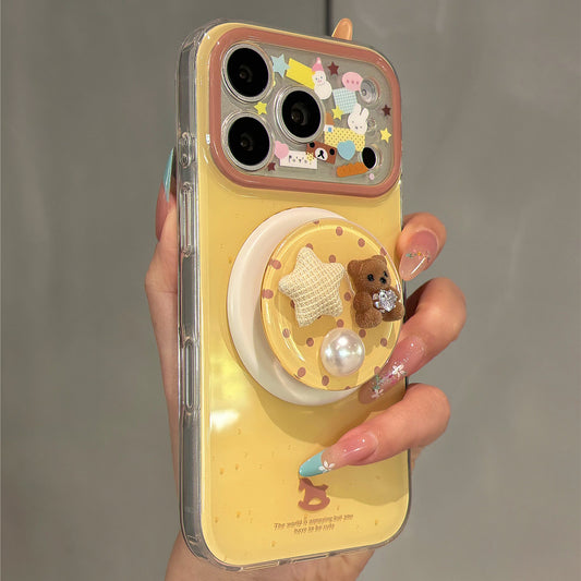 Pastel Yellow Cute Bear and Star Magnetic Stand Acrylic Phone Case