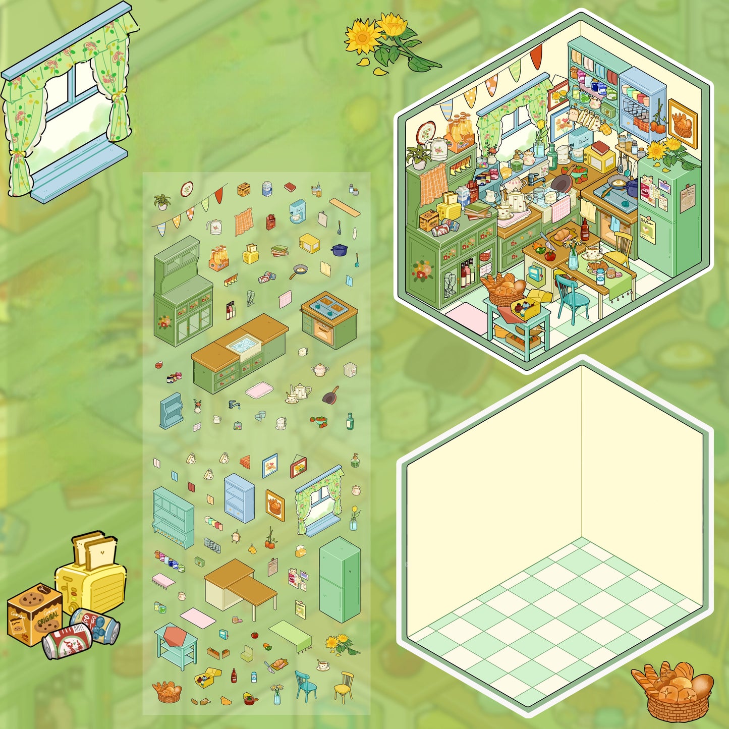 Avocado Green Cottage 3D Sticker | 3 Cute Miniature Scenes
