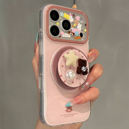 Pastel Pink Cute Bear and Star Magnetic Stand Acrylic Phone Case