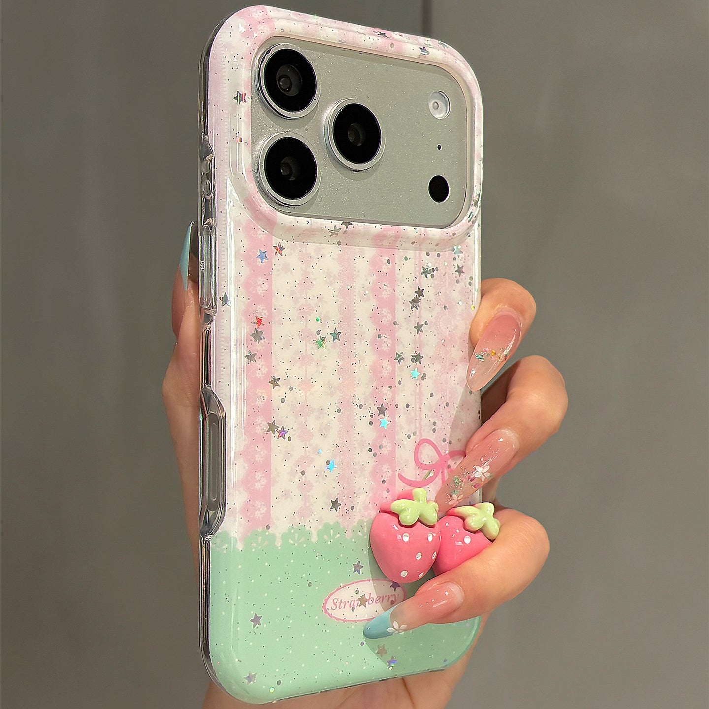 Pink Striped 3D Strawberry Acrylic Phone Case