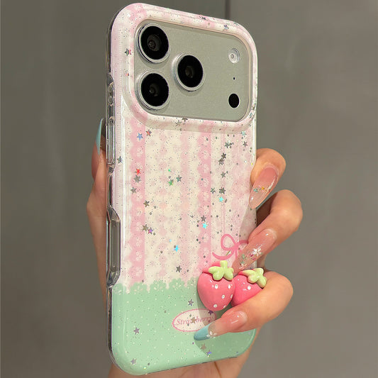 Pink Striped 3D Strawberry Acrylic Phone Case