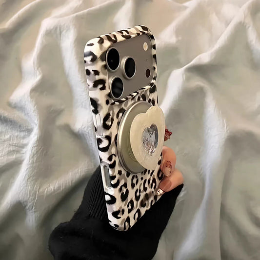 Vintage Black Leopard Print Heart Magnetic Stand Acrylic Phone Case