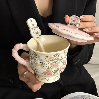 Rabbit Among Flowers Ceramic Mug with Lid and Spoon