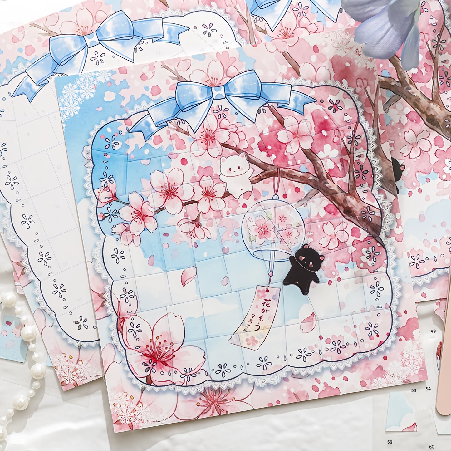 Cat Town Sakura Rain 3D Sticker | 4 Cute Miniature Scenes