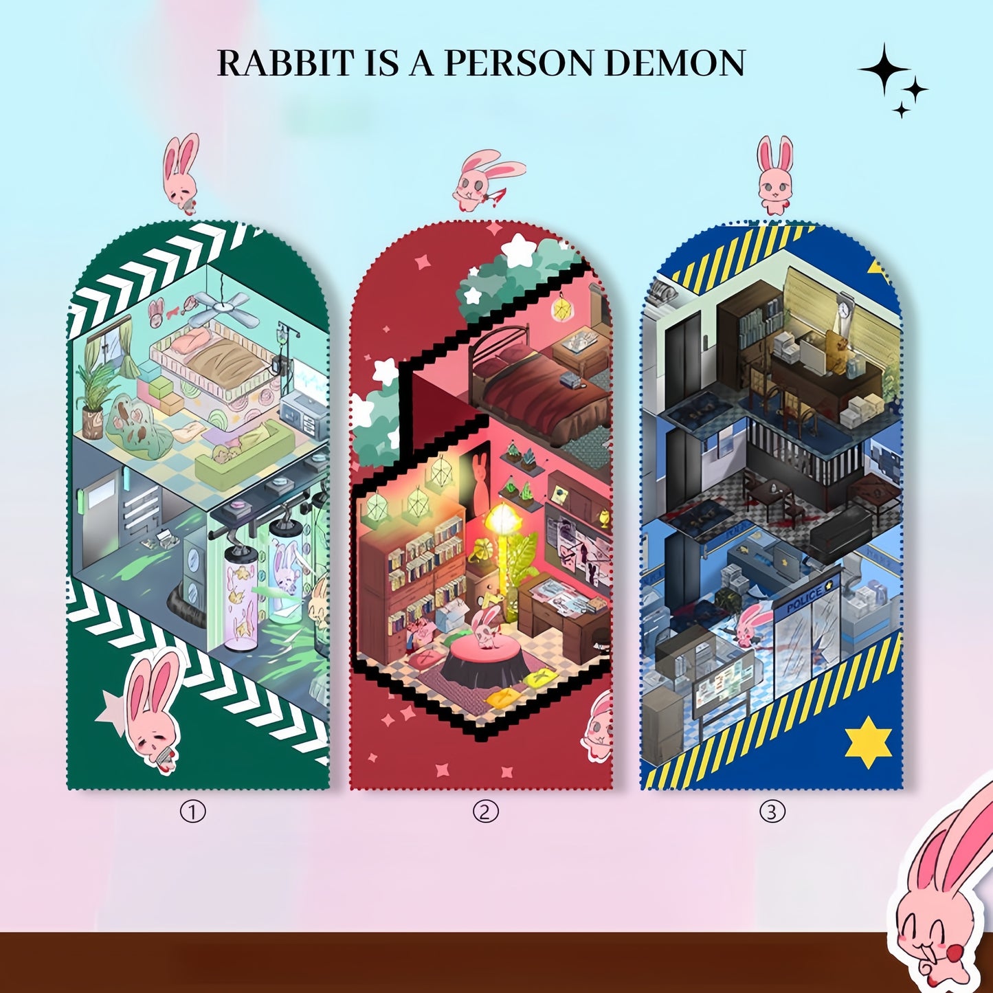 Rabbit is a Person Demon 3D Sticker | 3 Cute Miniature Scenes
