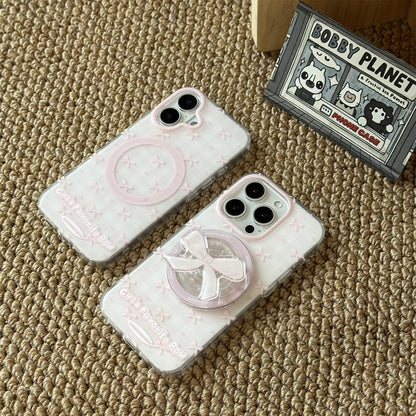 Pink Plaid Bow Magnetic Stand Acrylic Phone Case