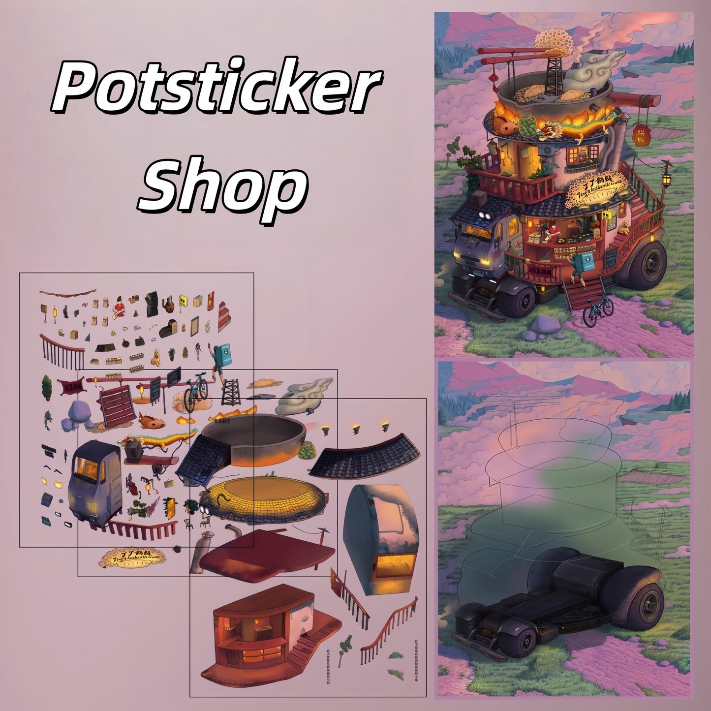 Mechanic Truck Shops 3D Sticker | 5 Cute Miniature Scenes