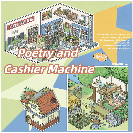 Poetry and Cashier Machine 3D Sticker | 2 Cute Miniature Scenes