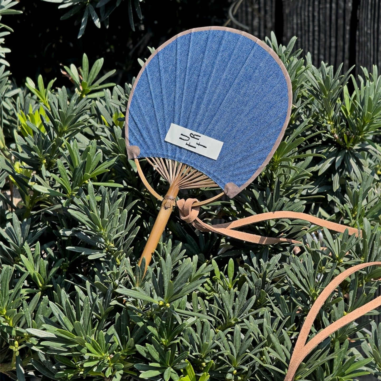 Bamboo Frame Denim Fan with Hanging Rope