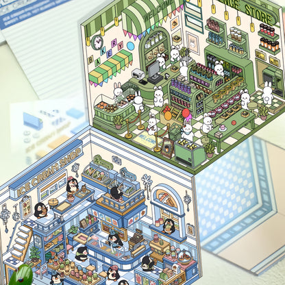 Tiny Animal's Shop 3D Sticker | 4 Cute Miniature Scenes