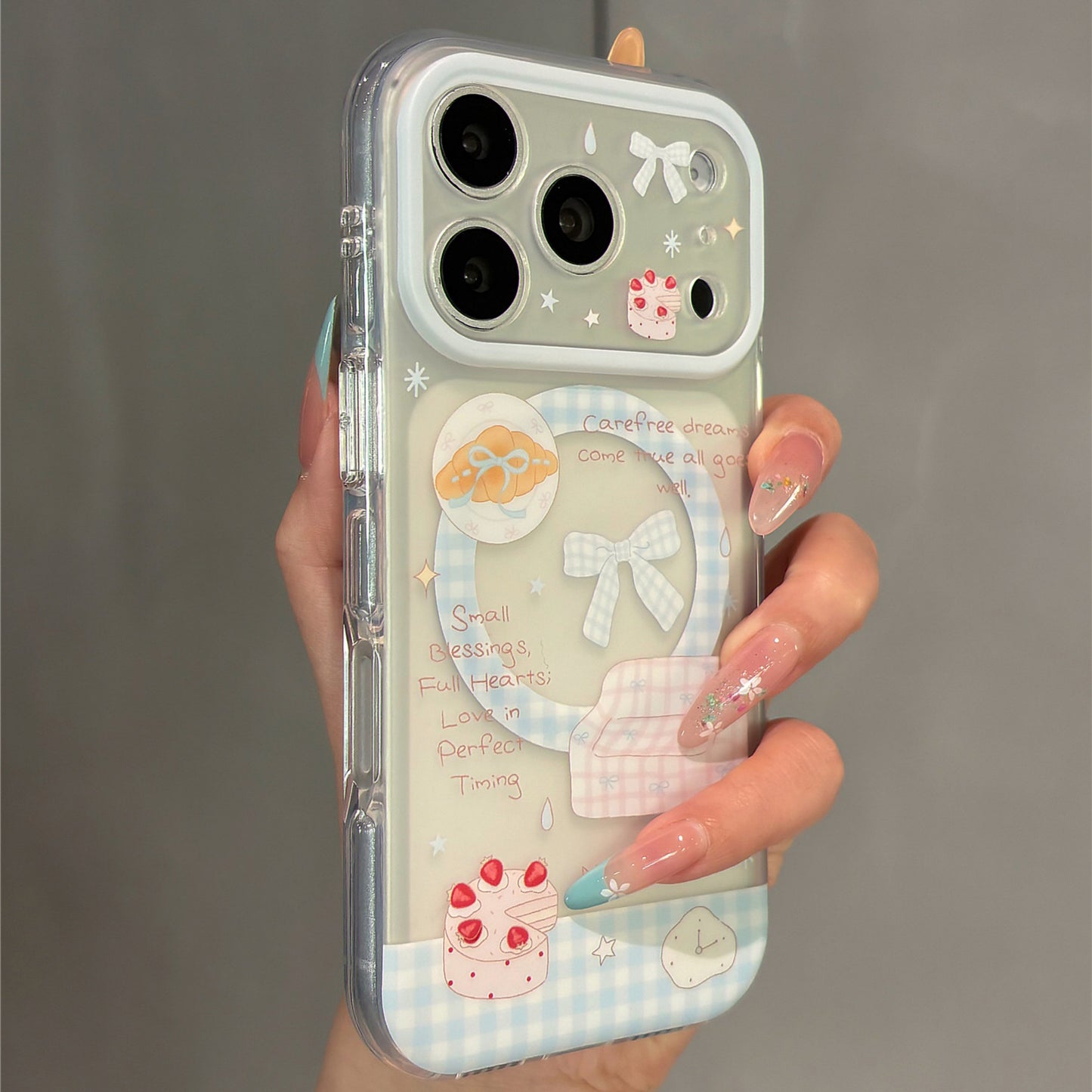 Blue Plaid Bow Strawberry Cake Magnetic Stand Acrylic Phone Case