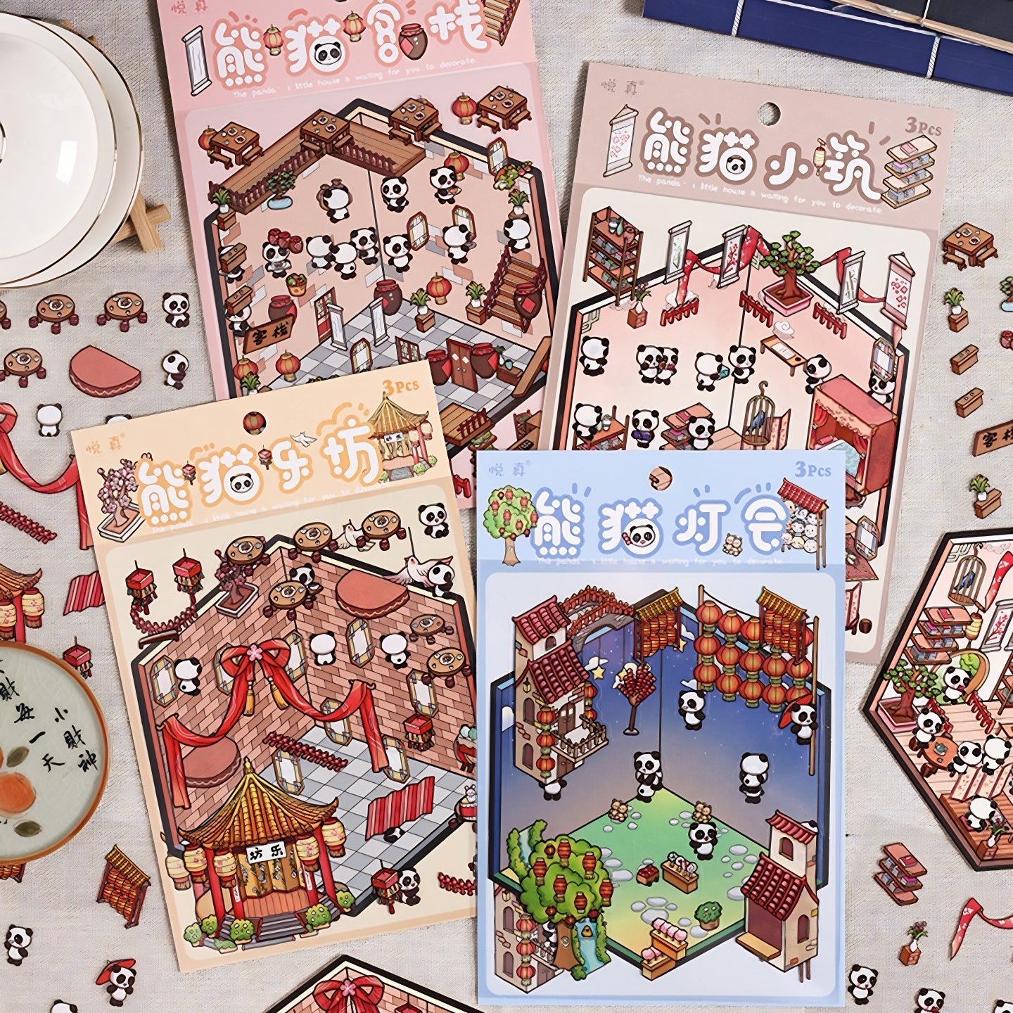 Panda Shop 3D Sticker | 4 Cute Miniature Scenes