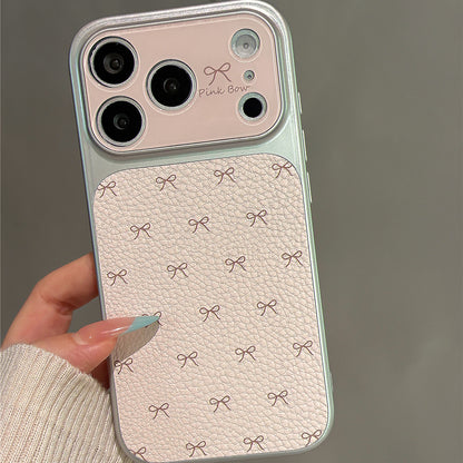 Lychee Grain Pink Bow Faux Leather Phone Case