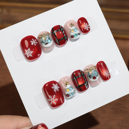 Red Cat-eye Checked Christmas Nail with Gem - Medium Square