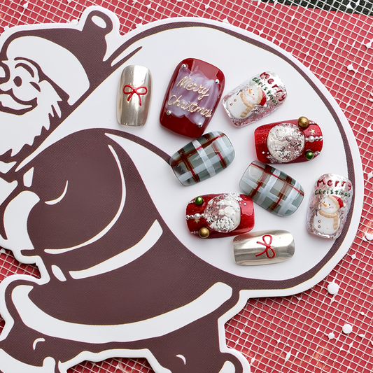 Red Cartoon Christmas Checked Nail with Pearl - Medium Square