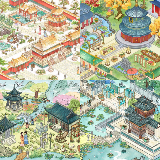 Chinese City 3D Sticker | 4 Cute Miniature Scenes