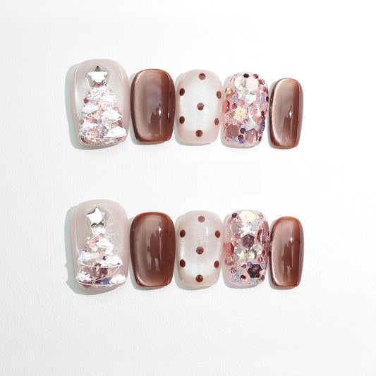 Cat-eye Dot Christmas Nail with Diamond - Short Coffin