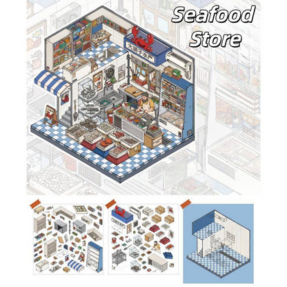 Retro Shop 3D Sticker | 4 Cute Miniature Scenes