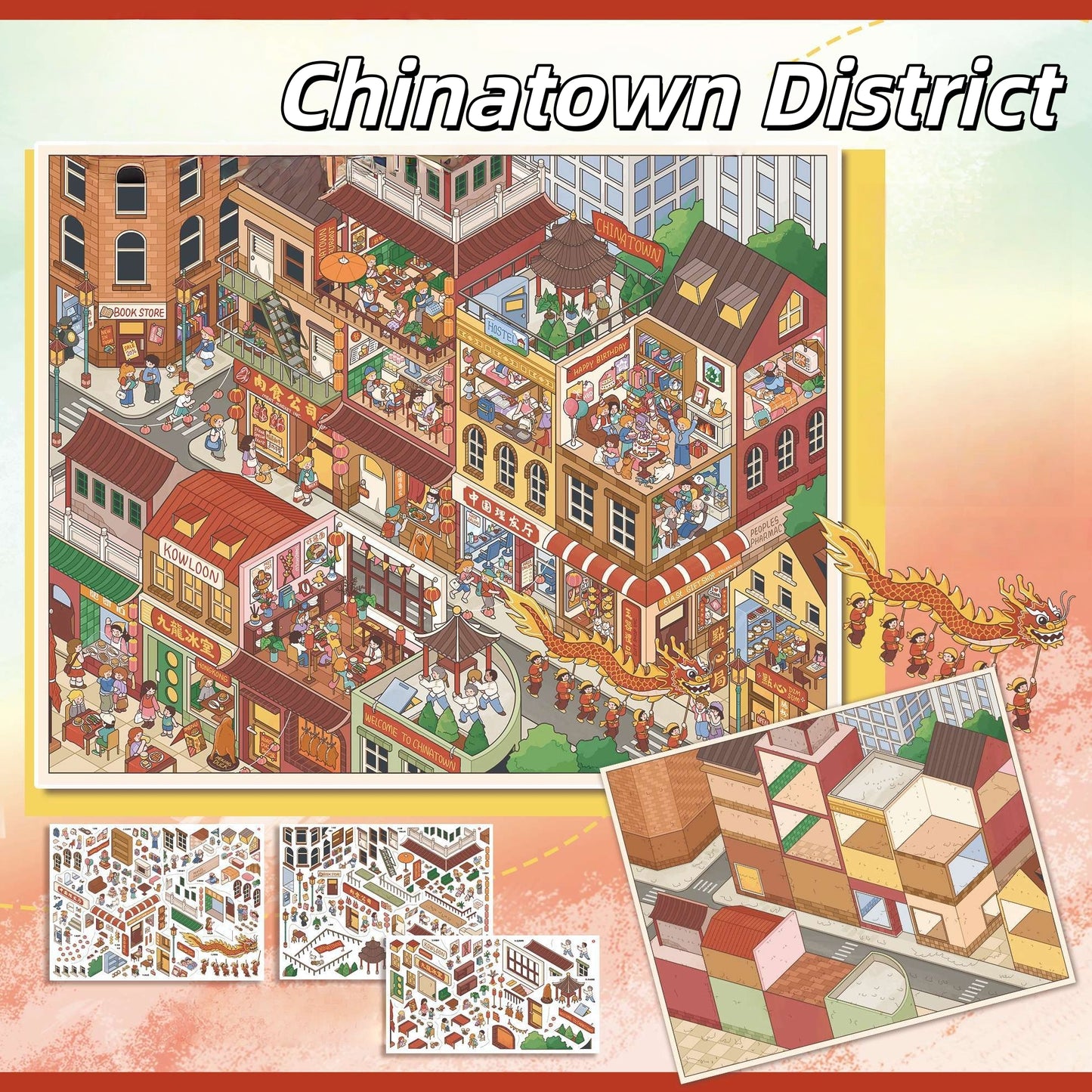 Four Towns 3D Sticker | 4 Cute Miniature Scenes