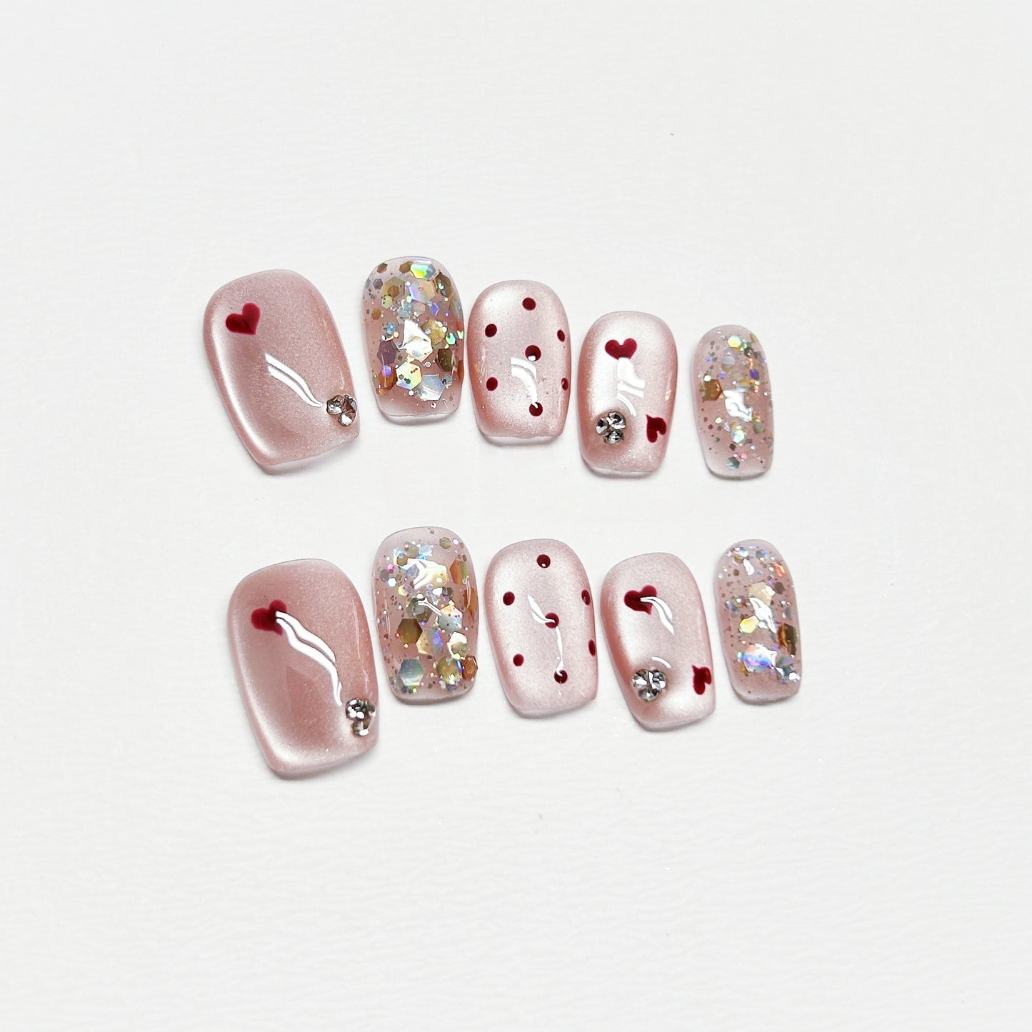 Pink Cat-Eye Polka Dot French Nails with Diamond - Medium Square