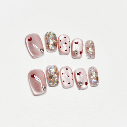 Pink Cat-Eye Polka Dot French Nails with Diamond - Medium Square