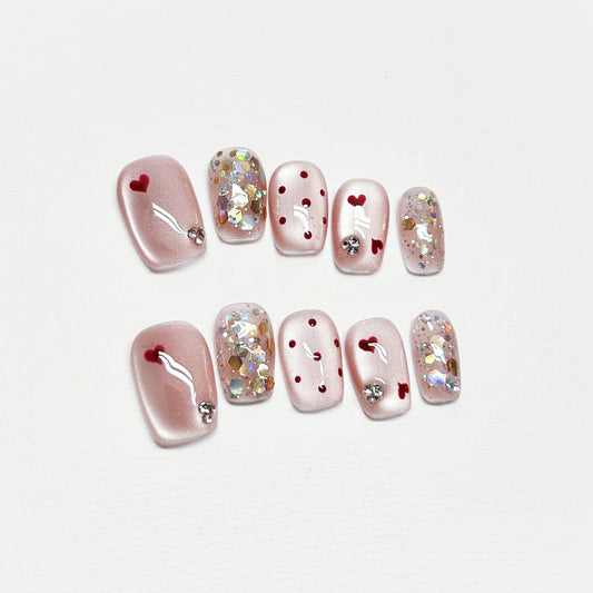 Pink Cat-Eye Polka Dot French Nails with Diamond - Medium Square