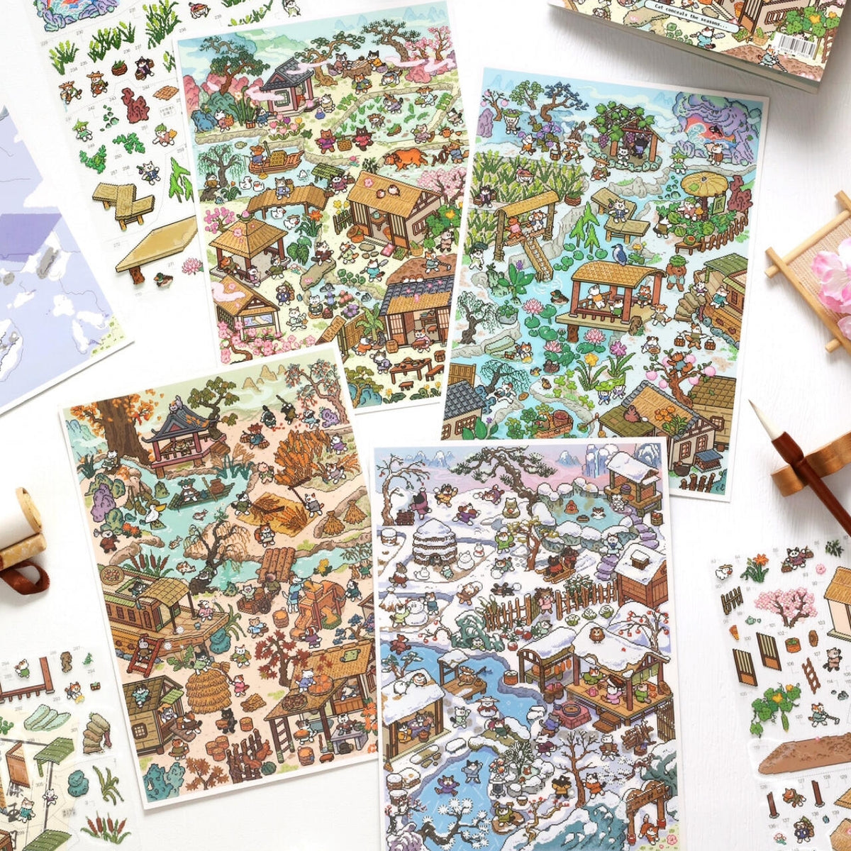 Cat's Four Seasons 3D Sticker | 4 Cute Miniature Scenes