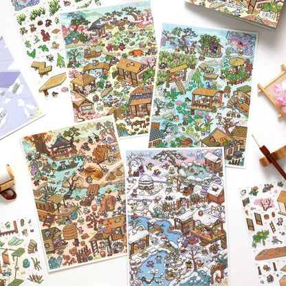 Cat's Four Seasons 3D Sticker | 4 Cute Miniature Scenes