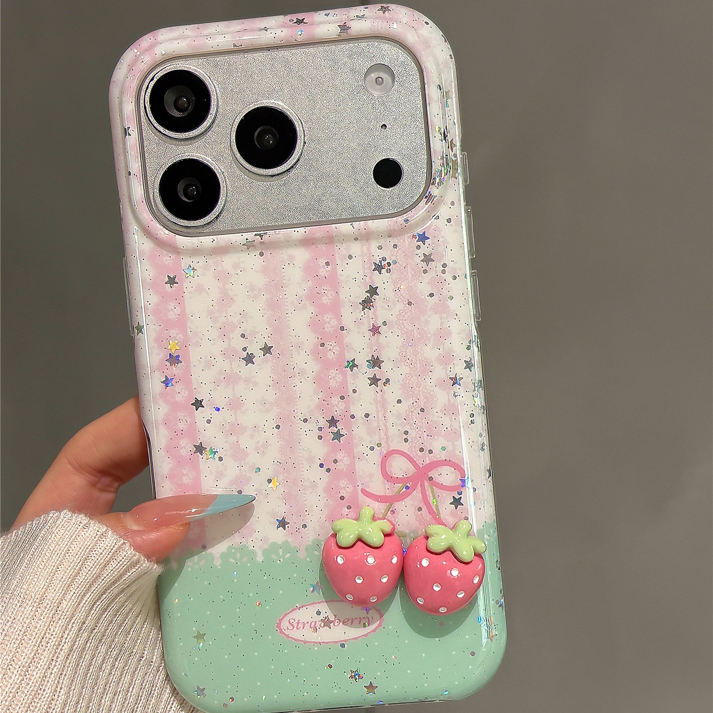 Pink Striped 3D Strawberry Acrylic Phone Case