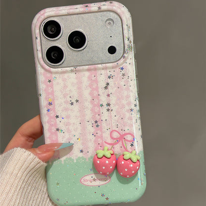 Pink Striped 3D Strawberry Acrylic Phone Case