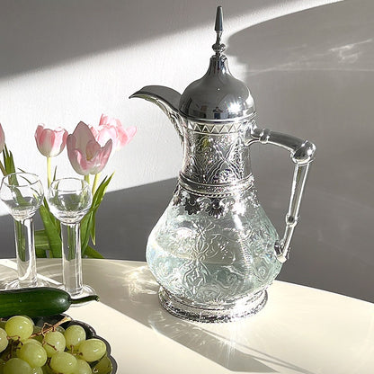 Vintage Carved Embossed Glass Water Pitcher