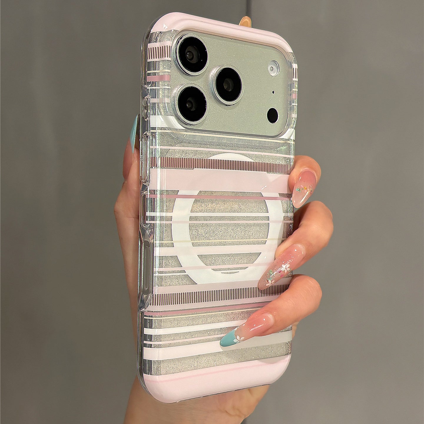 Pink Striped Glitter Angel Bear Magnetic Stand Acrylic Phone Case