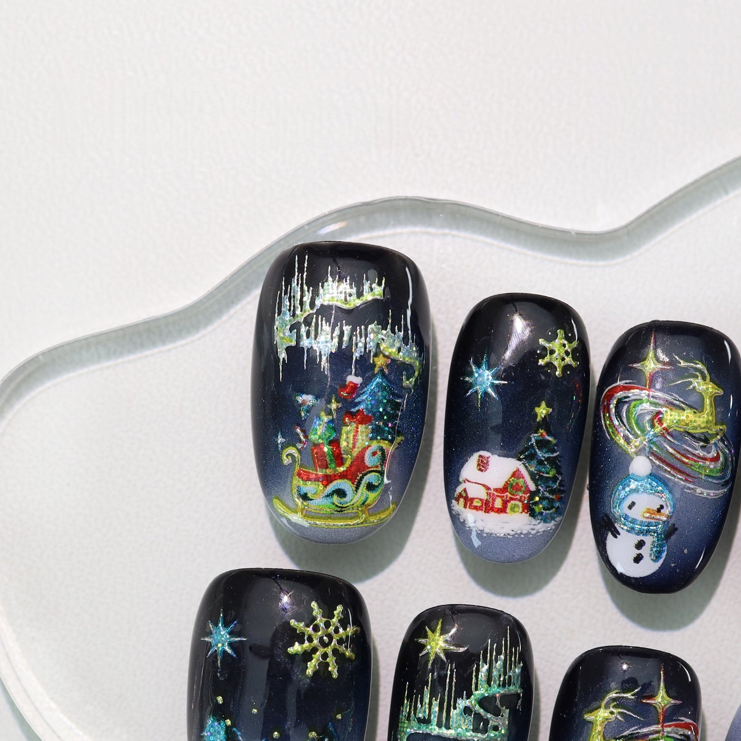 Blue Gradient Hand-painted Cartoon Christmas Nail - Medium Almond