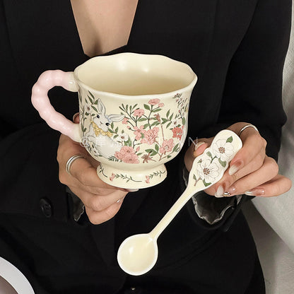 Rabbit Among Flowers Ceramic Mug with Lid and Spoon