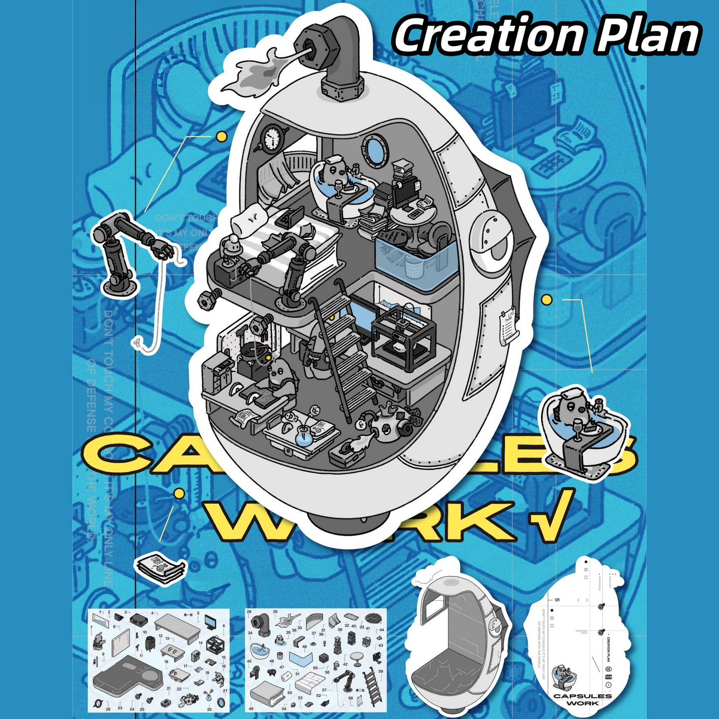 Dark Fish Capsules 3D Sticker | 4 Cute Miniature Scenes