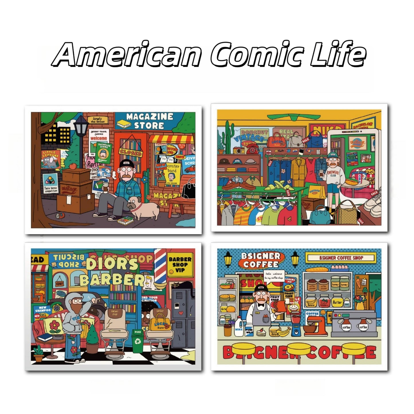 American Comic Life 3D Sticker | 4 Cute Miniature Scenes